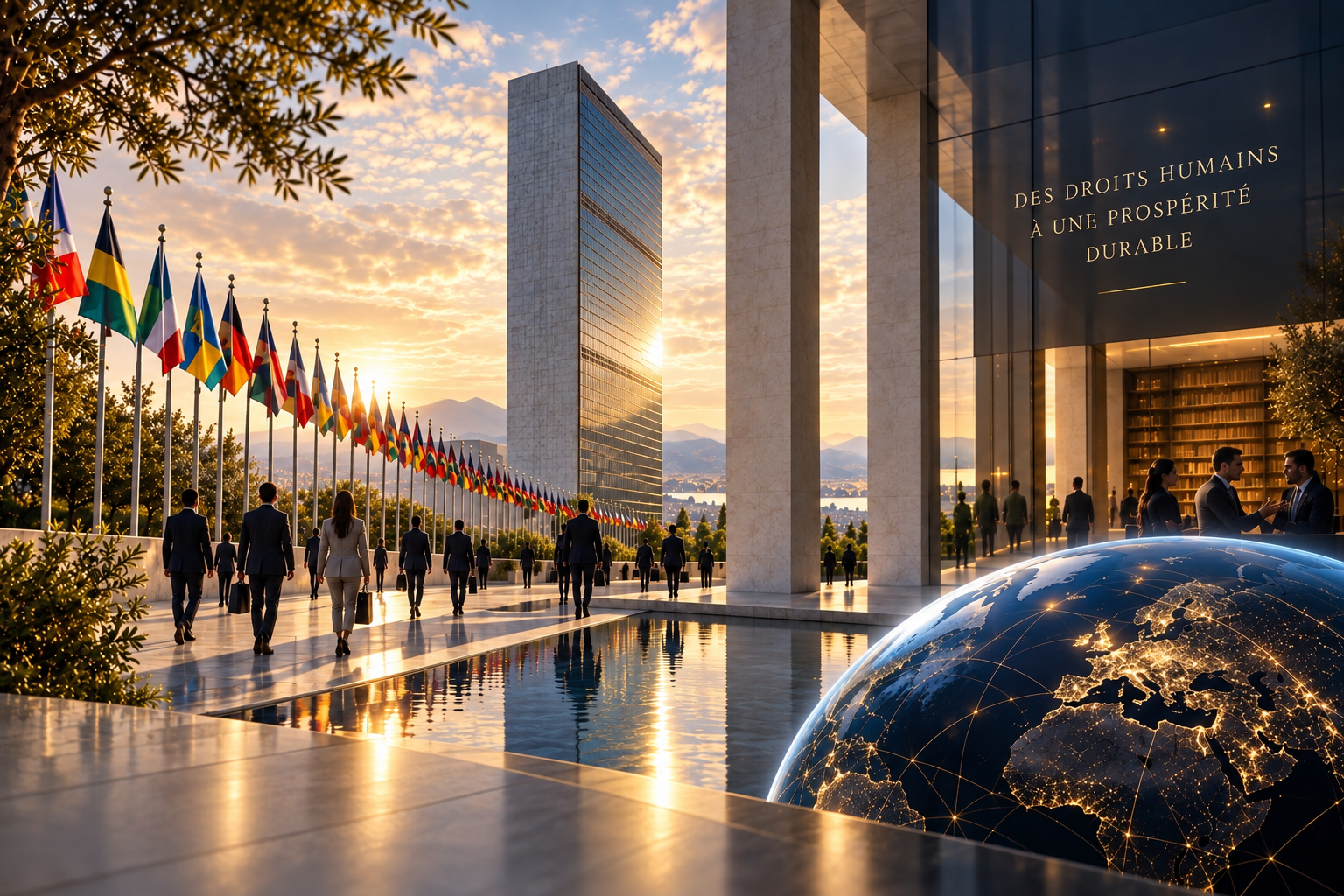 Architecture internationale, drapeaux, dirigeants et représentation du monde